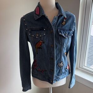 NY Collection Blue Denim Jacket with Colorful Embroidered Patches